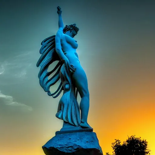 Image similar to venus, nike, the winged victory of samothrace statue made of cyan crystal on a rock in the clouds dramatic low light volumetric lighting epic puffy clouds torrents central composition stylised close up to ample soft touch lighting from the side by sunset portrait painting style