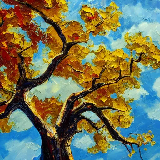 Image similar to oil paint impasto reliefs of looking up at a large sunny oak tree, through to beautiful clouds, thick heavy painterly style using a palette knife - i