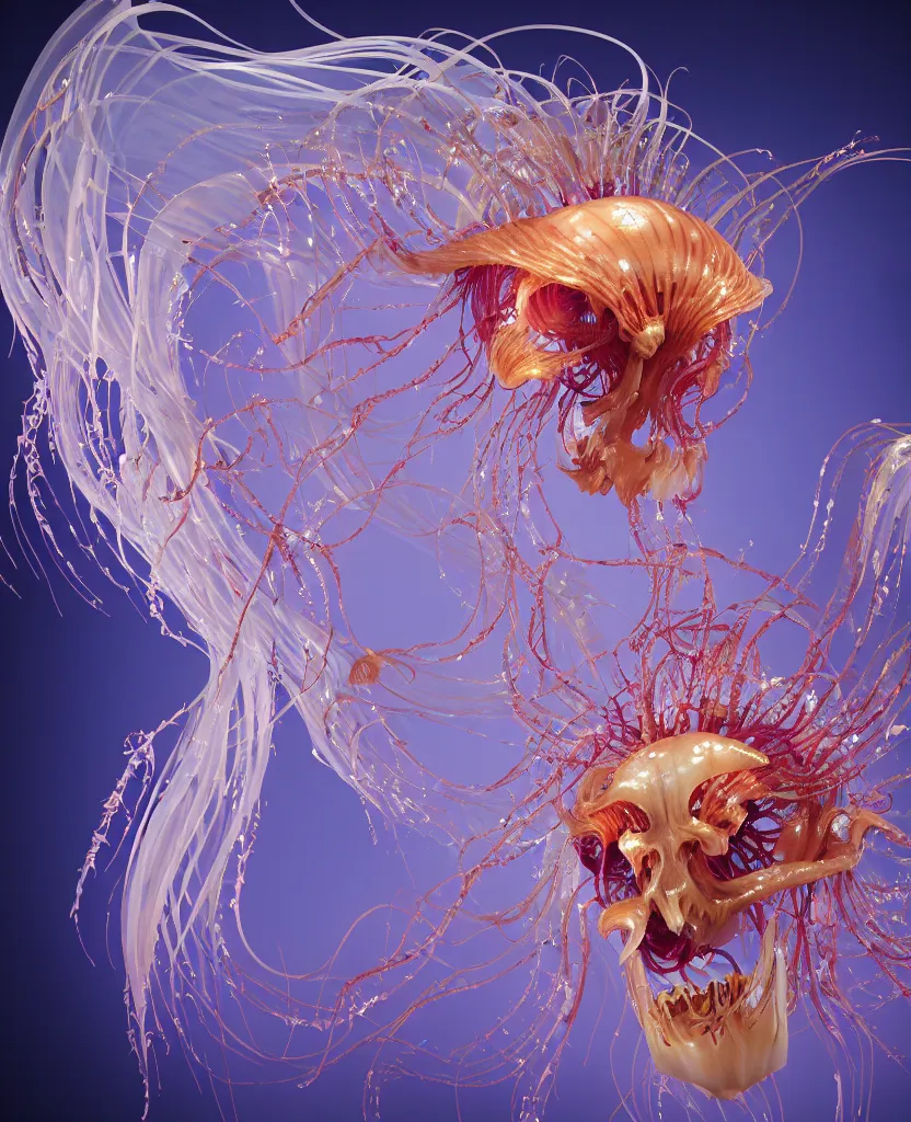 Image similar to close-up portrait of the face of a beautiful princess in a twisted flowers orchid jellyfish mask surrounded by energy flow, epic angle and pose, symmetrical artwork, 3d with depth of field, blurred background, floating jellyfish skull phoenix bird, translucent, nautilus, energy flows of water and fire. a highly detailed epic cinematic concept art CG render. made in Maya, Blender and Photoshop, octane render, excellent composition, cinematic dystopian brutalist atmosphere, dynamic dramatic cinematic lighting, aesthetic, very inspirational, arthouse. y Greg Rutkowski, Ilya Kuvshinov, WLOP, Stanley Artgerm Lau, Ruan Jia and Fenghua Zhong