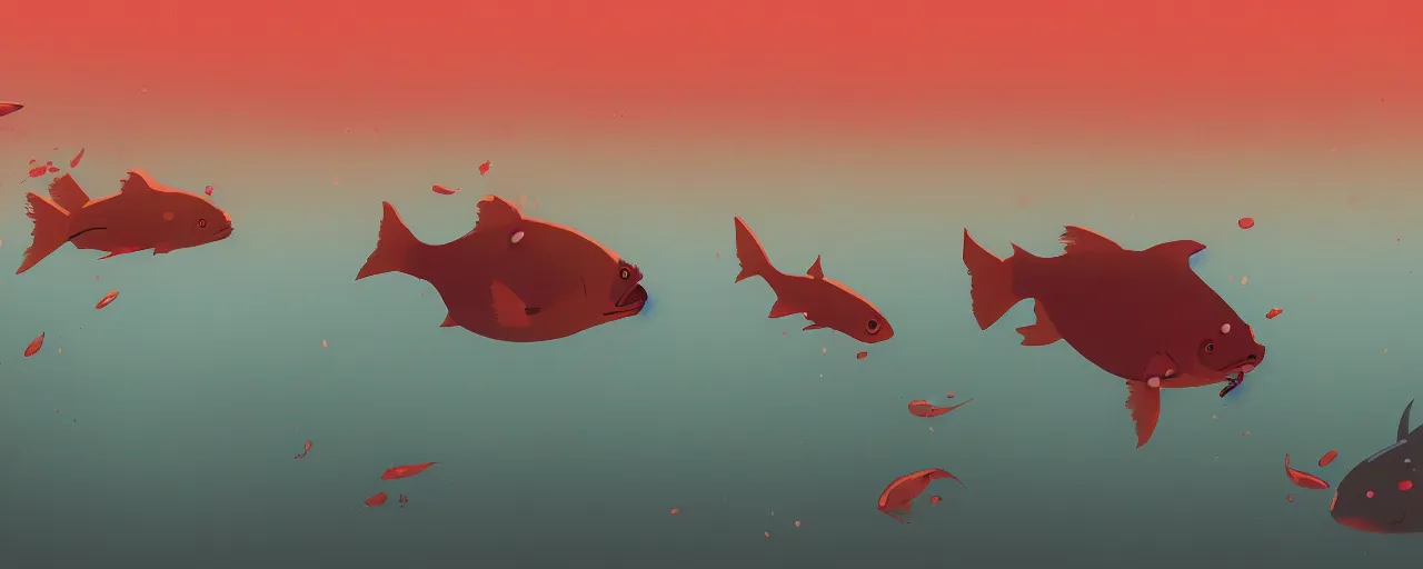 Image similar to piranhas swarming, blood in the water, atey ghailan, goro fujita, studio ghibli, rim light, terrifying, red tint, dark lighting, clear focus, very coherent