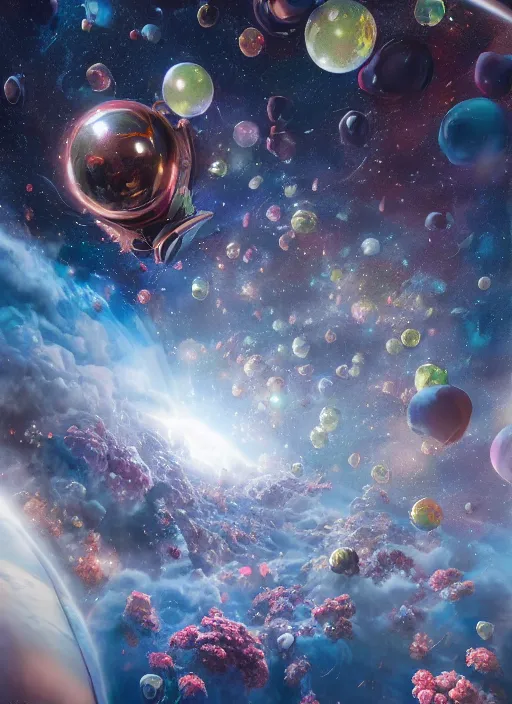 Image similar to An epic fantastic realism comic book style painting of the most beautiful flowers launched into space, perfect shiny silver iridescent spheres, bouquets, fisheye lens, unreal 5, DAZ, hyperrealistic, octane render, dynamic lighting