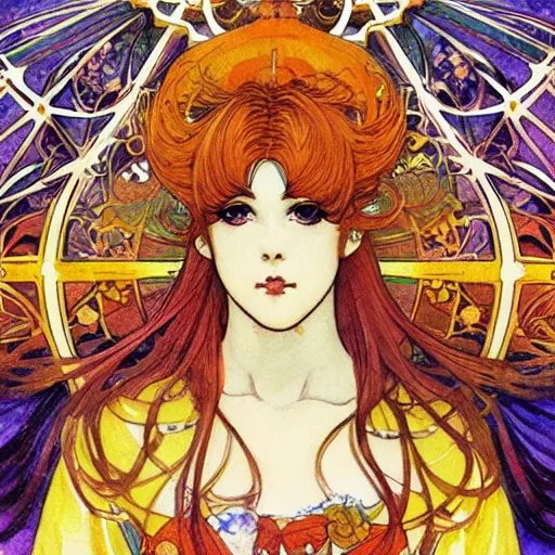 Prompt: the sailor galaxia. beautiful, realistic painting by mucha and kuvshinov and bilibin. watercolor, thick lining, manga, soviet realism