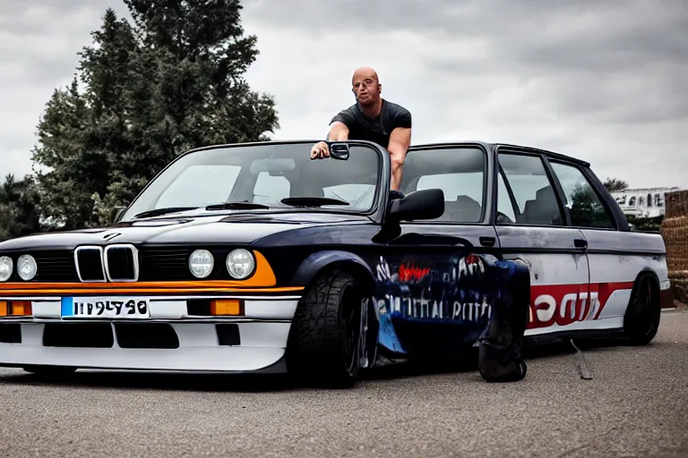 Image similar to Angry Jason Statham lifts BMW e30 that sits above him