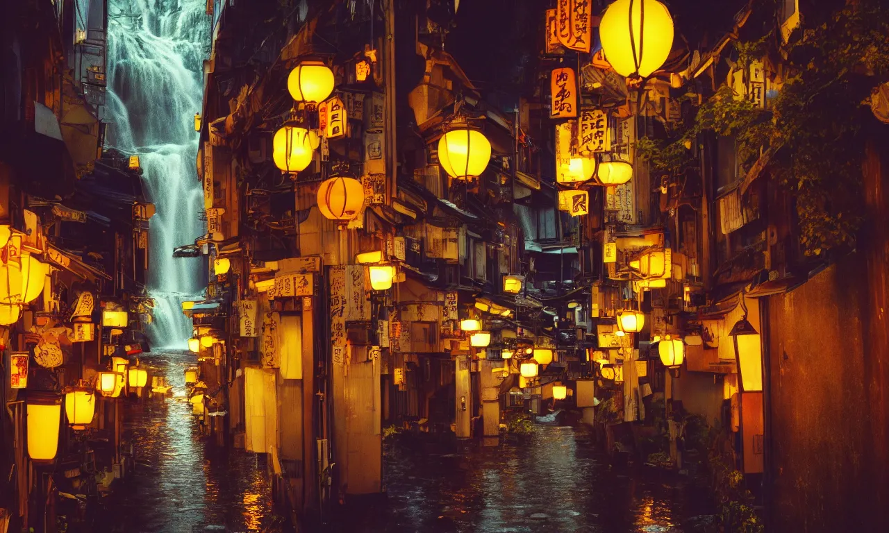 Prompt: A film still from a 1990s Sailor Moon cartoon featuring a moody street in Kyoto Japan with a waterfall and lanterns, lofi aesthetic, golden hour, cinematic look, film grain, high detail, high resolution, 8k