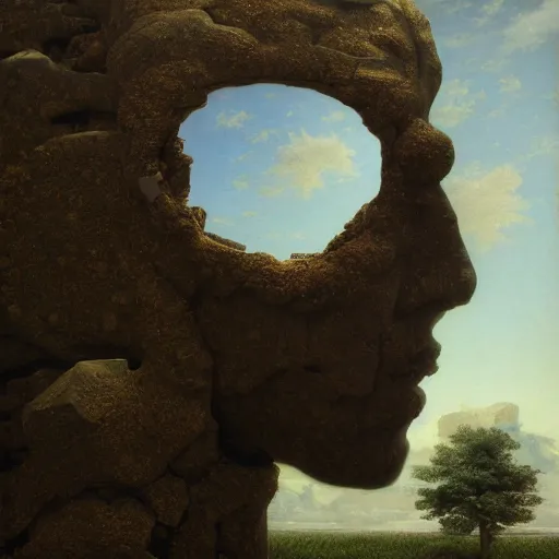 Prompt: the ego separates, hyperrealistic surrealism, dreamscape, david friedrich, award winning masterpiece with incredible details, zhang kechun, a surreal vaporwave vaporwave vaporwave vaporwave vaporwave painting by thomas cole of a gigantic broken mannequin head sculpture in ruins, astronaut lost in liminal space, highly detailed, trending on artstation