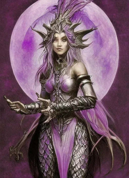 Image similar to portrait of young female prophetess of the endtimes, transluscent skin, silver filigreed armor, lavender hair, beautiful! coherent! dungeons and dragons character, by brian froud, strong line, cool night color, high contrast