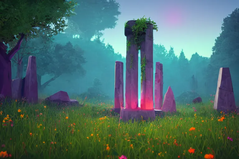 Prompt: super detailed color lowpoly art, overgrown mystical meadow with numerous trees, ancient stone obelisks with subtle glowing runes, unreal engine, retrowave color palette, 3 d render, lowpoly, colorful, digital art, perspective