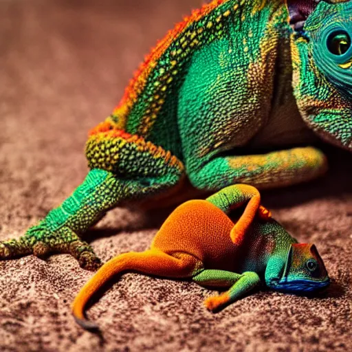 Prompt: photo of a cat and chameleon best friends