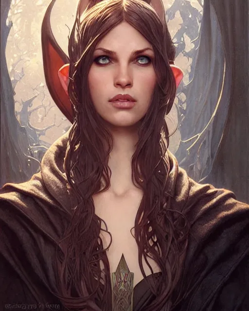 Image similar to portrait of an elven mage, dark, piercing eyes, gentle expression, elegant clothing, photorealistic, highly detailed, artstation, smooth, sharp focus, art by michael whelan, artgerm, greg rutkowski and alphonse mucha