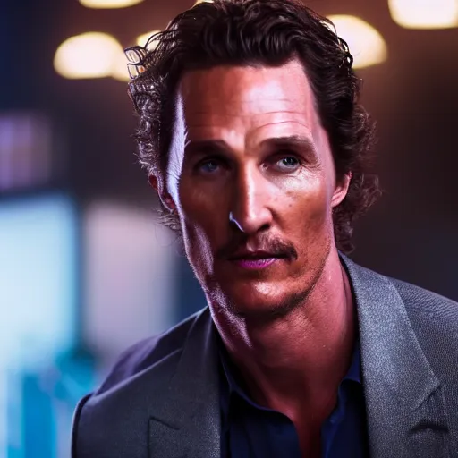 Image similar to a still of matthew mcconaughey . Shallow depth of field. City at night in background, lights, colors ,studio lighting, mood, 4K. Profession photography