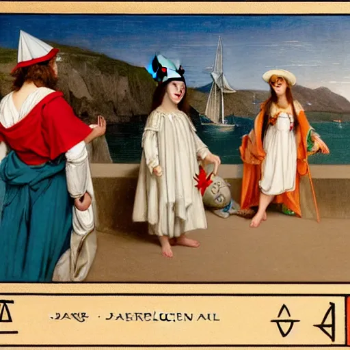 Prompt: A girl with jester hat and clothes on a greek archi circle on the front of a Balustrade with a beach and a sail boat on the background, major arcana cards, by paul delaroche, hyperrealistic 8k, very detailed