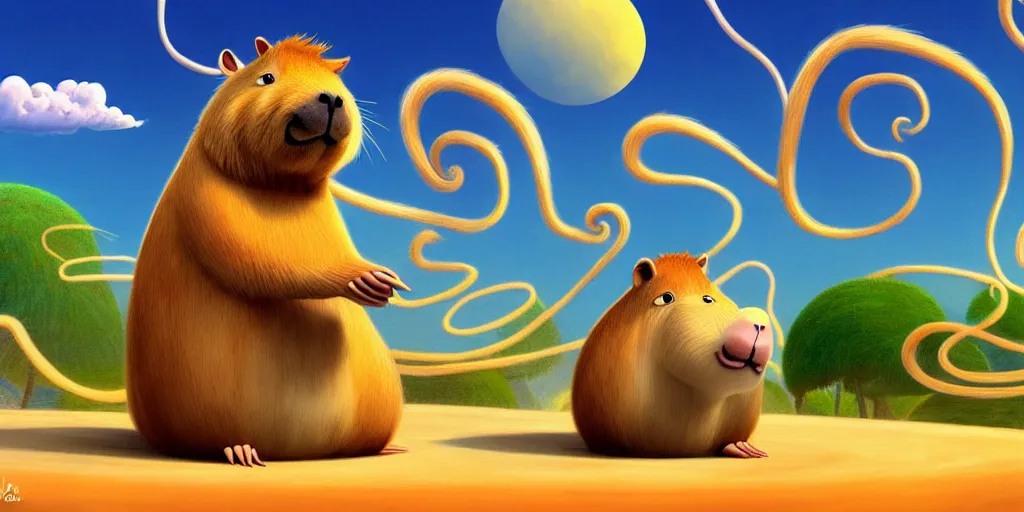 Image similar to cartoon concept art, capybara character, spiral clouds, from lorax movie