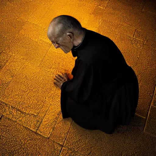 Prompt: A terrified old catholic priest in black garb kneeled on a stone floor in passionate prayer. His eyes are wide open with fear. Ominous dramatic yellow lighting. Close-up shot from above, award-winning digital art, trending on ArtStation