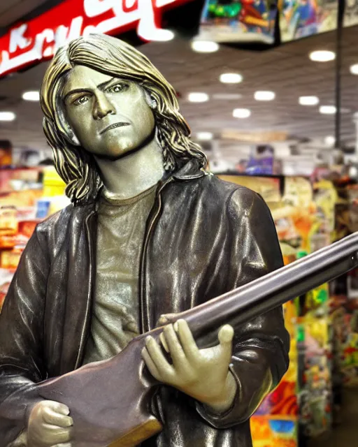 Image similar to photograph of bronze statue of kurt cobain holding a shotgun in a toys r us, photo - realism, 8 k, cinematic,