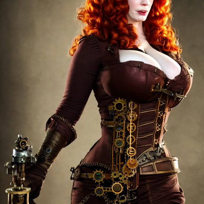 Image similar to full length photograph of a real-life christina hendricks as a steampunk warrior, Extremely detailed. 8k