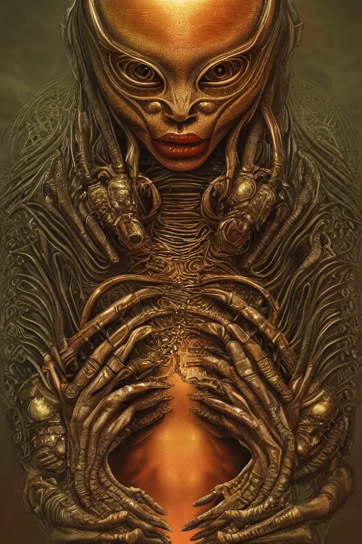 Prompt: alien goddess, doom, sf, intricate artwork masterpiece, ominous, movie poster, golden ratio, trending on cgsociety, intricate, epic, trending on artstation, by artgerm, h. r. giger and beksinski, highly detailed, vibrant, production cinematic character render, ultra high quality model