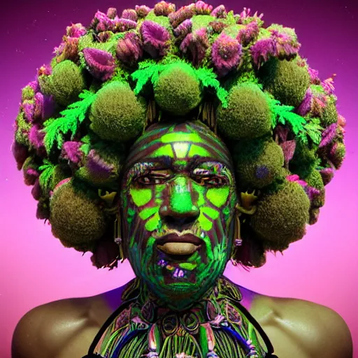 Image similar to an african marijuanna! shaman with an afro made of flowers, third eye art art by machina infinitum, complexity from simplicity, rendered in octane, mandelbulb 3 d, ambient occlusion, radiant lighting, macro photography, felt!!! texture, tribal, pastel! retrowave