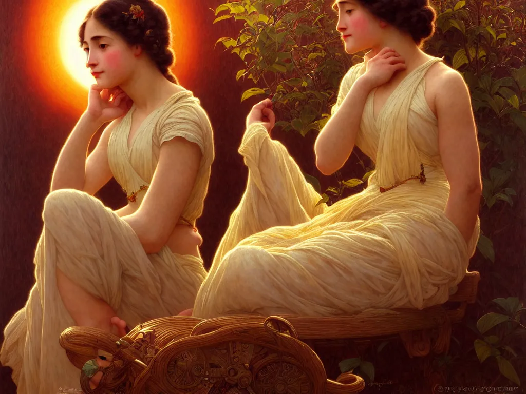 Prompt: ! dream long shot of big sun with a beautiful girl sitting, intricate, elegant, highly detailed, 1 9 2 0's style speakeasy, digital painting, artstation, concept art, smooth, sharp focus, illustration, art by artgerm and greg rutkowski and alphonse mucha and william - adolphe bouguereau,