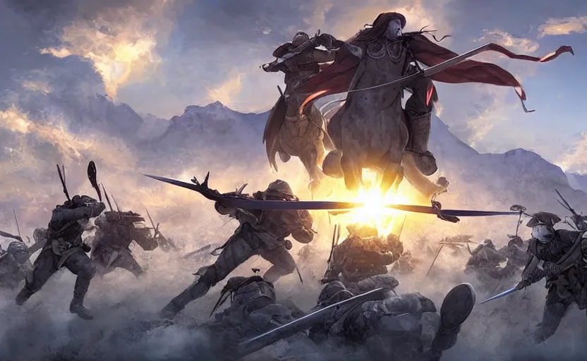 Image similar to epic cinematic artwork overview above an army charging to the enemy with the commander at the front with his sword raised, sun rays on him by greg rutowski