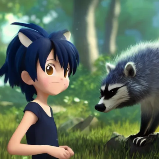 Image similar to a wholesome animation key shot of a dark blue haired girl with a raccoon tail, medium shot, studio ghibli, pixar and disney animation, sharp, rendered in unreal engine 5, anime key art by greg rutkowski, bloom, dramatic lighting