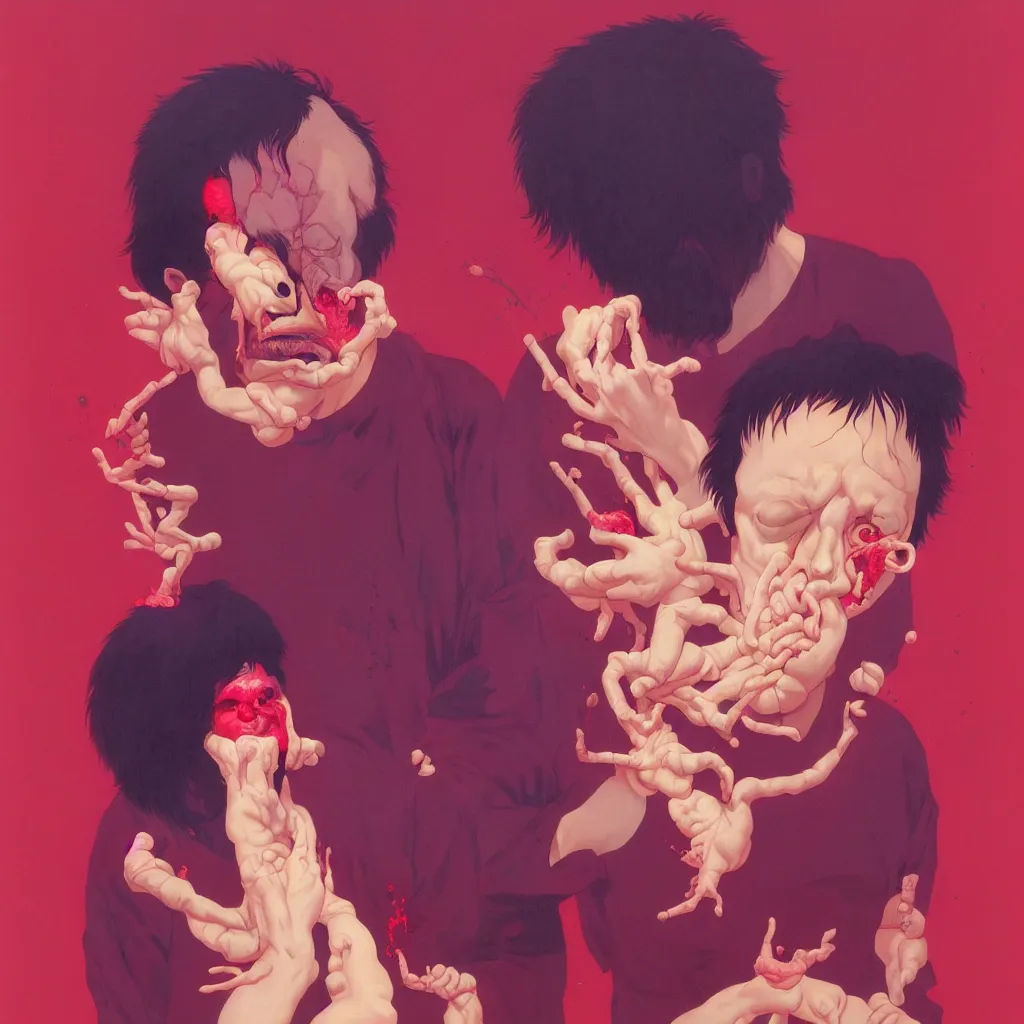 Image similar to weird and disturbing portrait of todd solondz puking blood, todd solondz, vivid colors, neon, art by ( ( ( kuvshinov ilya ) ) ) and wayne barlowe and francis bacon and artgerm and wlop and william - adolphe bouguereau