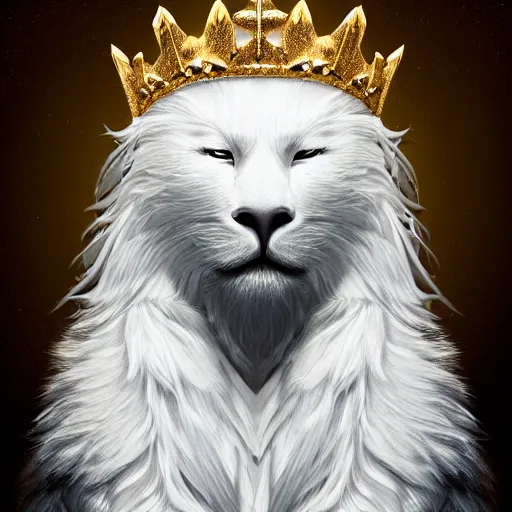 Prompt: portrait of a white panter king with crystal crown and a very long fur, fantasy, trending on artstation, heroic pose, illustration, highly detailed, simple, 8k