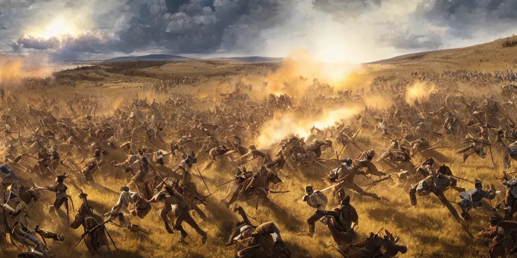 Prompt: zoom in on the battle of little bighorn ( 1 8 7 6 ), majestic sweeping action, cinematic lighting, dramatic lighting, cinematic lighting, hyperdetailed, trending on artstation, cgsociety, 8 k, 4 k, imax 7 0 mm