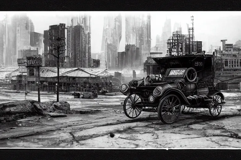 Image similar to cyberpunk 1 9 0 8 model ford t by paul lehr, jesper ejsing, metropolis, parked by view over city, vintage film photo, robotic, damaged photo, scratched photo, silent movie, black and white photo