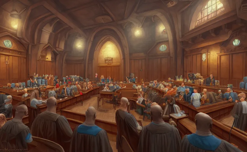 Image similar to the courtroom, in the center is a bald man in a skirt, no blur, 4 k resolution, ultra detailed, style of marc simonetti, tyler edlin, deviantart