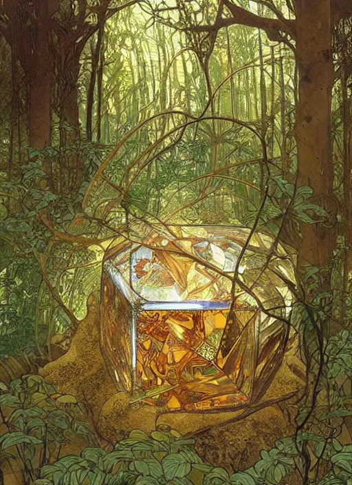 Image similar to a crystal cube in a forest, highly detailed, intricate, concept art, art station, cinematic light, realistic, ethereal light, art by Alphonse Mucha