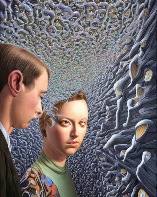 Prompt: non - binary gender dysphoria theme surrealist art in the styles of igor morski, jim warren, and rob gonsalves, intricate, hyperrealistic, volumetric lighting