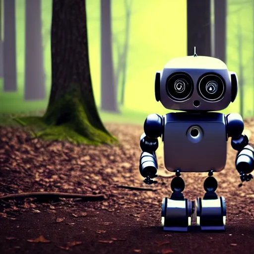 Image similar to a cute little robot in a wood. super realistic 8 k render of a dark hooded powerful elegant, cinematic composition