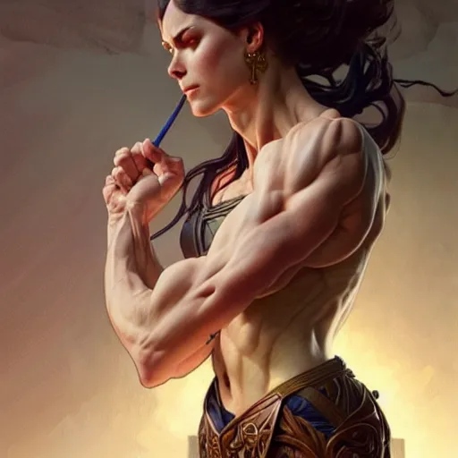 Image similar to guilty, muscular upper body, D&D, fantasy, intricate, elegant, highly detailed, digital painting, artstation, concept art, smooth, sharp focus, illustration, art by artgerm and greg rutkowski and alphonse mucha