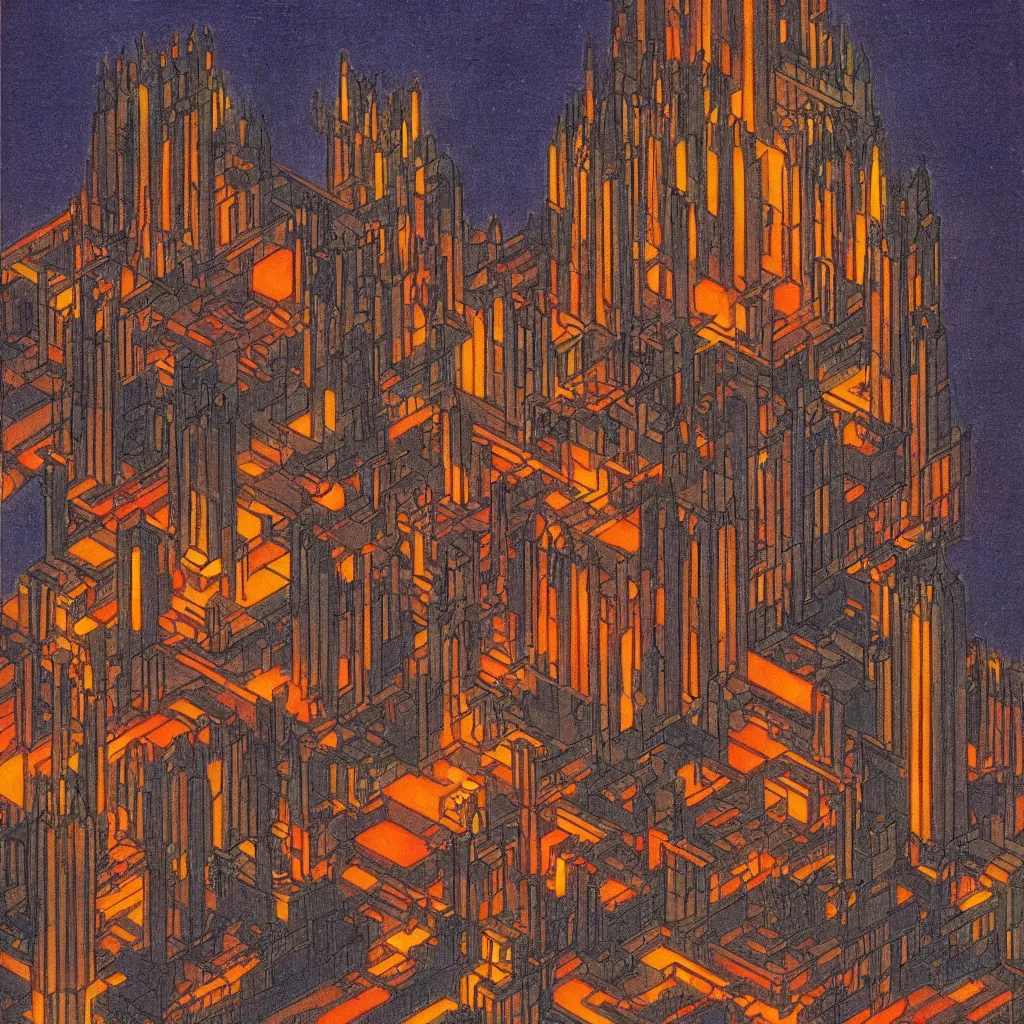 Image similar to isometric artdeco nuclear blast cathedral at night by frank lloyd wright, isometric, painted by piet mondrian