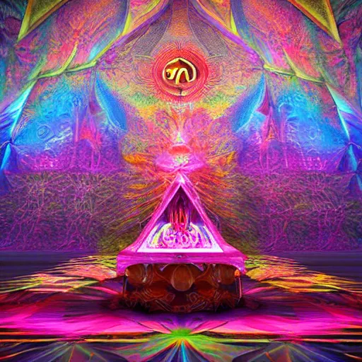 Image similar to Psychedelic crystalline cathedral altar Visionary Sacred Holy Detailed Ben Ridgway art style 8K Detail Colorful Awesome VRay Unreal Engine 5 Substance Designer Octane Render LightWave 3D 3Delight 3D shading 3ds Max