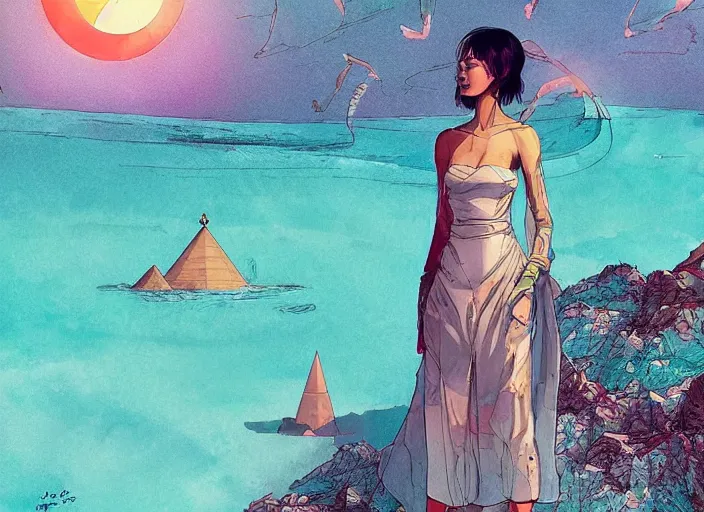 Prompt: lee jin - eun in luxurious dress emerging from turquoise water in egyptian pyramid city during an eclipse by android james, conrad roset, m. k. kaluta, martine johanna, rule of thirds, elegant look, beautiful, chic