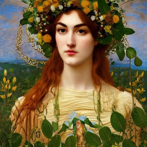 Prompt: masterpiece beautiful seductive flowing curves preraphaelite face midsommar portrait of sasha grey, glasses, green hair, as the may queen, flower crown, amongst leaves, yellow ochre ornate medieval dress, amongst foliage, gold gilded circle halo, kilian eng and frederic leighton and rosetti, 4 k