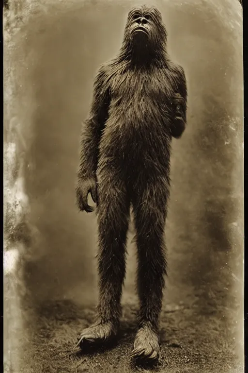 Image similar to a wet plate photograph of a Bigfoot