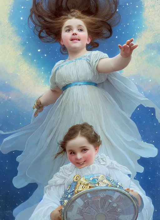 Image similar to a cute little girl with a round cherubic face, blue eyes, and short wavy light brown hair smiles as she floats in space with stars all around her. she is wearing a turquoise dress. beautiful painting by artgerm and greg rutkowski and alphonse mucha and irakli nadar