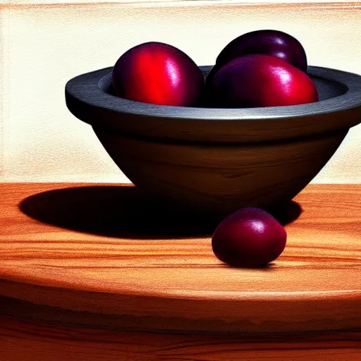 Image similar to concept art of a single bowl filled with a few moist freshly picked plums on a wooden table. digital painting. volumetric lighting. small scale. artistic. trending on artstation.