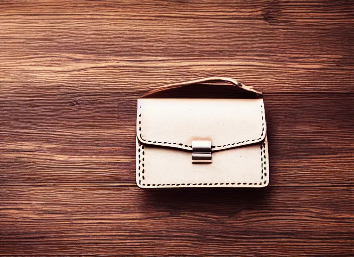 Image similar to clear highly detailed photorealistic topdown mockup product photograph of a realistic purse on a wooden background