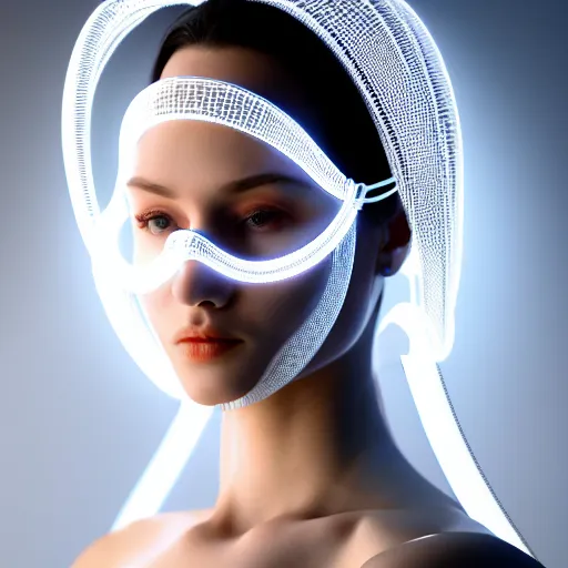 Prompt: complex 3 d render, ultra detailed, beautiful natural light, studio lights, rim light, a woman wearing a white mask with black wires on her head, featured on behance, net art, made of wire, 5 0 mm lens, elegant, hyper realistic, ultra detailed, octane render, volumetric lighting, 8 k post - production