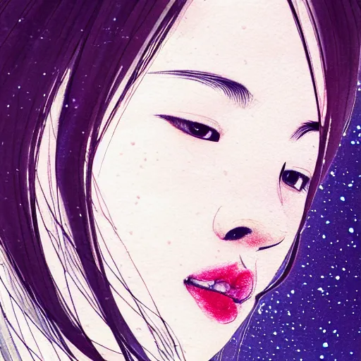 Image similar to daydreaming Nanase Nishino close-up portrait looking straight on, complex artistic color ink pen sketch illustration, full detail, gentle shadowing, fully immersive reflections and particle effects, chromatic aberration.