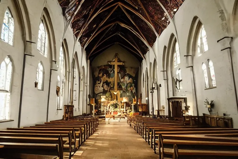 Image similar to low quality photo inside a church but the floor is melting into the universe