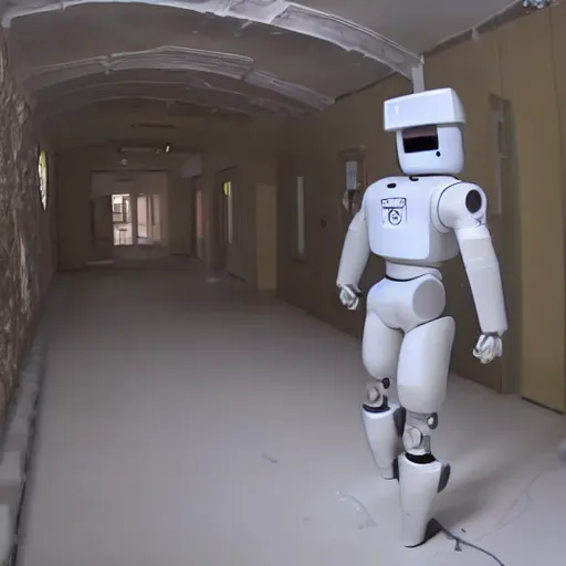 Image similar to ASIMO robot walking through haunted asylum, GoPro