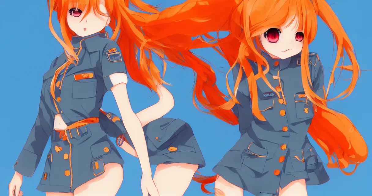 Image similar to very beautiful young anime girl with short orange hair, dressed in soviet pioneer uniform, full body, long wavy blonde hair, sky blue eyes, full round face, bikini, miniskirt, front view, middle, highly detailed, colored manga drawing by wlop popular on artstation