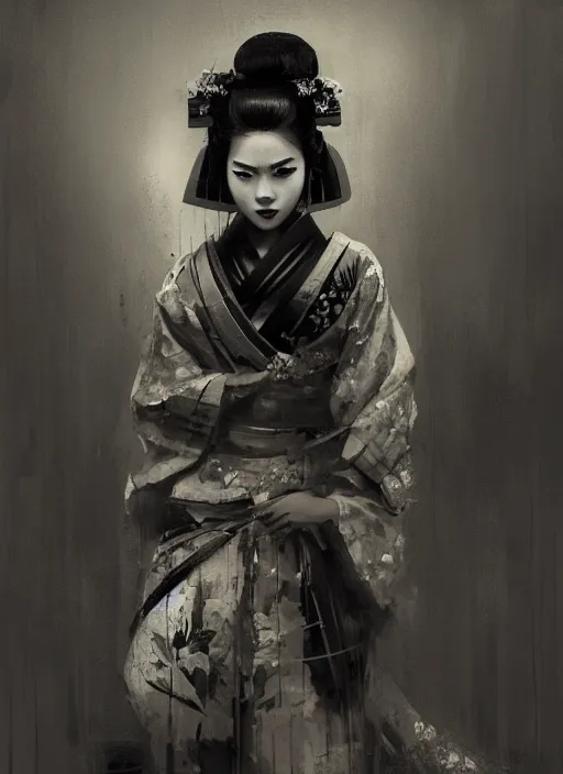 Image similar to female geisha girl, beautiful face, black and white, rule of thirds, intricate outfit, spotlight, by greg rutkowski, by jeremy mann, digital painting