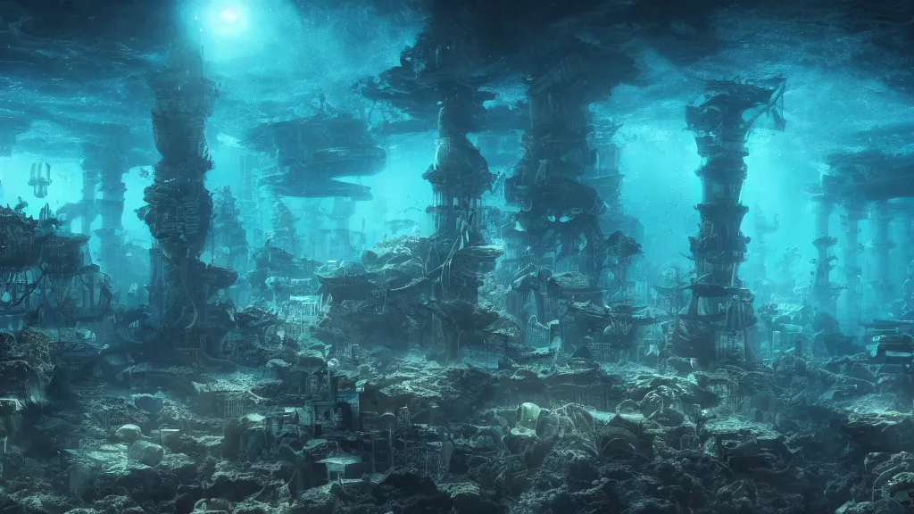 Image similar to photograph of an underwater city at night, 4 k resolution