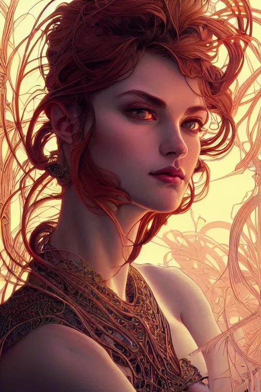 Prompt: beautiful female humanoid!, half portrait, background explosion, intricate detailed environment, cell shaded, floro details, intricate, elegant, highly detailed, digital painting, artstation, concept art, smooth, sharp focus, illustration, art by artgerm and greg rutkowski and alphonse mucha, laurie greasley