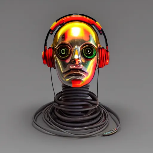 Image similar to a claymodel of a dieselpunk rococo spaced out robot head wearing multicolored wires and headphone, 8 k, front view, symetrical, flourescent colors, halluzinogenic, multicolored, exaggerated detailed, front shot, 3 d render, octane